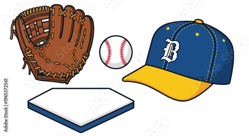 Baseball Equipment: Glove, Ball, Cap, and Home Plate - Vector Illustration