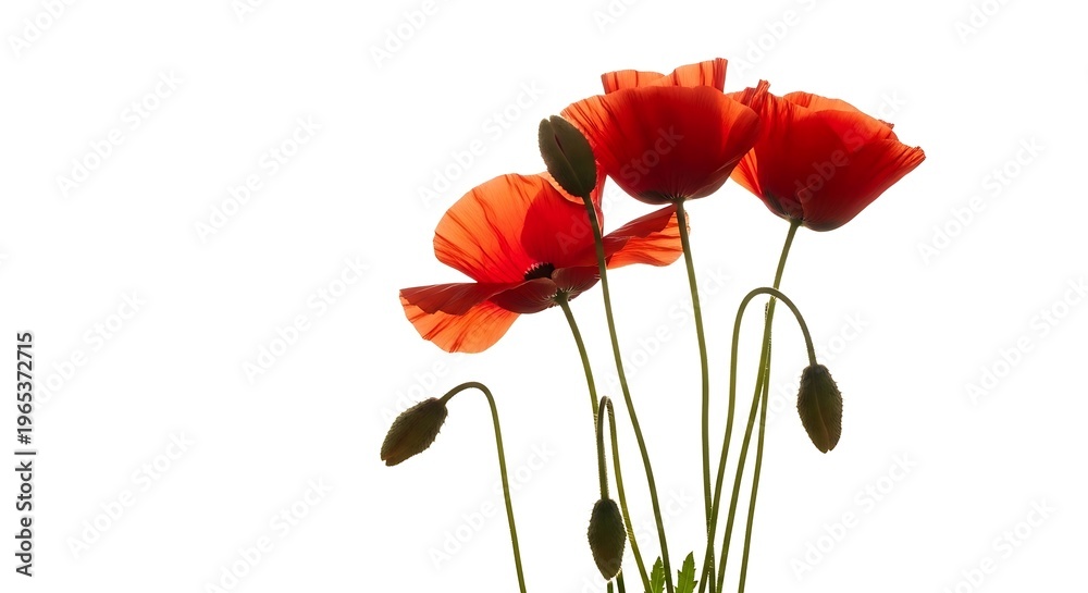 Naklejka premium Delicate vibrant red poppies bloom with buds against a stark white background