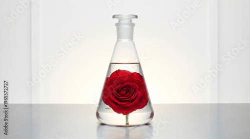 A vibrant red rose submerged gracefully in clear water within a scientific Erlenmeyer flask, against a stark white background.