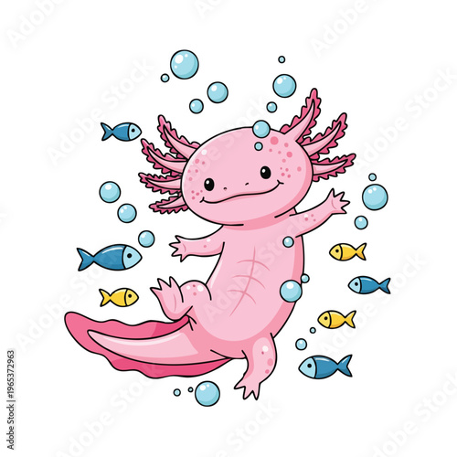 Cute pink axolotl vector character swimming happily underwater with bubbles and colorful tropical fish in playful aquatic scene