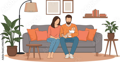 Happy family sitting on sofa with newborn baby cozy home interior parenting love care and bonding vector illustration scene