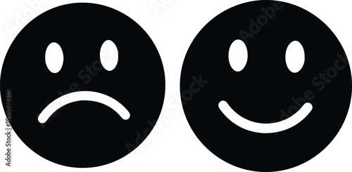 Happy and Sad Face Icons, black and white vector emoji set, positive and negative emotion symbols, customer feedback and mood indicator graphics