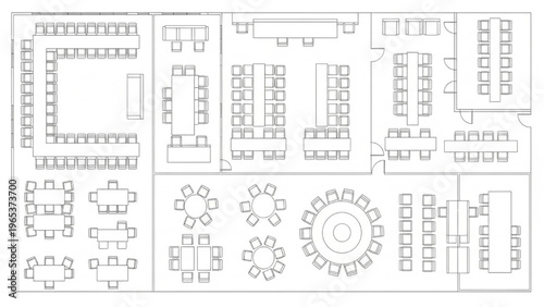 Detailed floor plans showcasing diverse table and chair arrangements for various event spaces and conference room layouts
