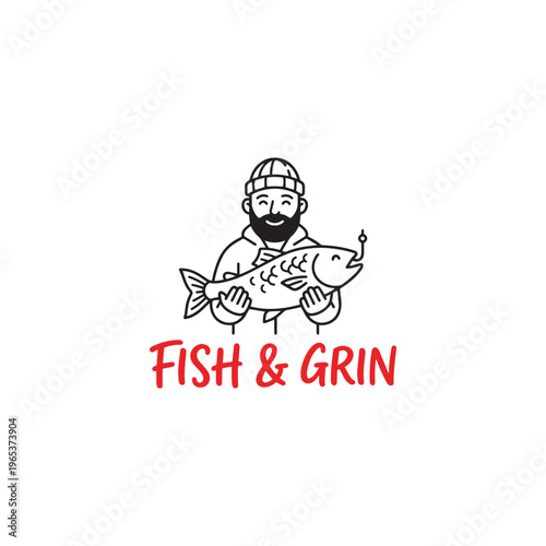 Minimalist Fisherman Logo Holding Fish with Handwritten Red Typography