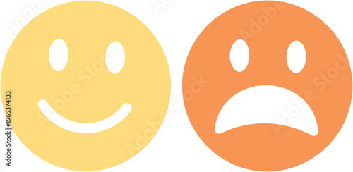 Happy and Sad Face Emoticons, yellow and orange mood icons expressing positive and negative emotions, customer satisfaction feedback vector