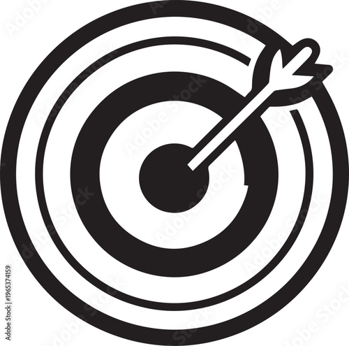 A simple bullseye target icon with a centered arrow. A simple vector art illustration that can be used to visualize goal, objectives, and success.