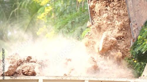 Earth Moving Dynamics: A powerful excavator bucket releases a cascading torrent of earth. It embodies the essence of construction, development, and environmental transformation. 