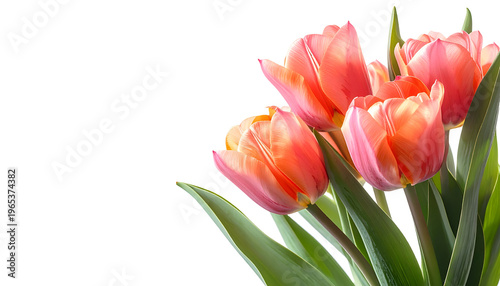 A bouquet of vibrant pink and peach tulips against a stark black background