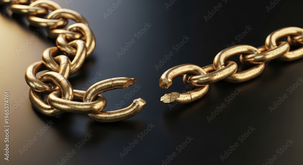 Fototapeta premium Close up of a gold chain with broken links on a dark background