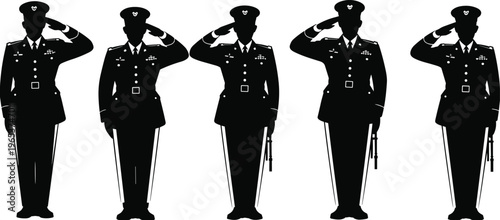 Military Army Officer Silhouettes Set in Formal Dress Uniform Saluting Standing at Attention for Veterans Day Memorial Day National Service