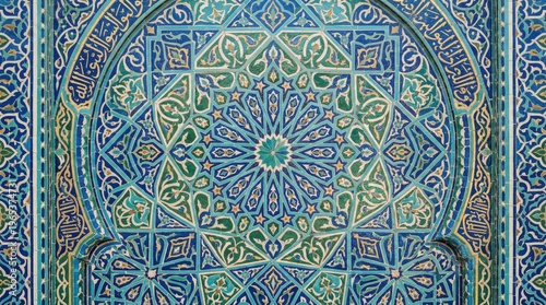 Islamic Geometric Mosaic Tile Pattern With Blue Arabesque Ornamentation From Mosque Architecture