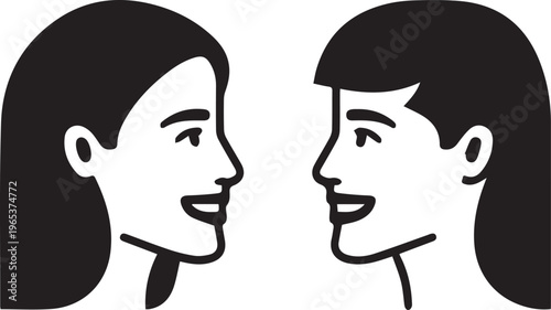 Two women in a black and white illustration, smiling face to face, share a moment of connection, friendship or mutual understanding.