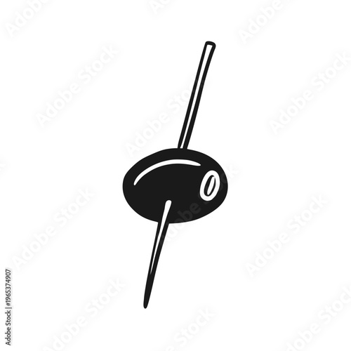 One black ripe olive on a cocktail skewer, perfect for healthy eating, dieting, culinary topics, restaurant menus, branding, logos. Hand-drawn sketch vector illustration
