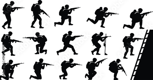 Military Soldier Silhouettes in Various Combat Poses with Assault Rifles for Army Tactical Training War Game Design and Defense Infographics