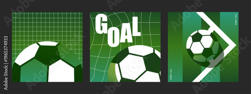 Soccer Goal Poster set, Square format for social media with football ball, net, and corner flag on a green background for the Champions tournaments 
