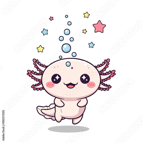 Cute cartoon axolotl vector with big expressive eyes and smiling face, surrounded by colorful stars and bubbles in a playful underwater scene