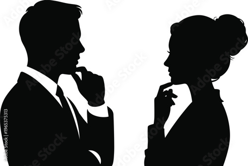 Professional Businessman and Businesswoman Silhouettes in Thinking Pose for Corporate Strategy Brainstorming Communication and Decision Making Process Vector Illustration Set