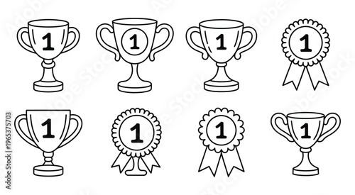 Trophy and award medal set with number 1 golden cups, hand drawn doodle line art monochrome hand drawn, championship and achievement concept