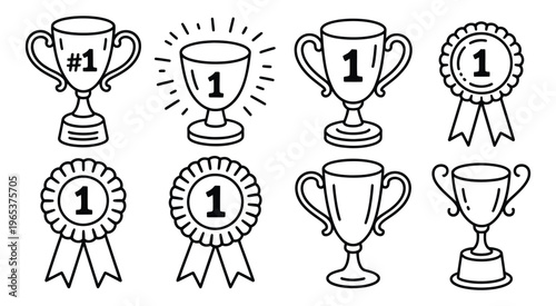 Trophy and award medal set with number 1 golden cups, hand drawn doodle line art monochrome hand drawn, victory and achievement symbols