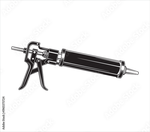 Black and silver caulk gun with transparent background for adhesive application