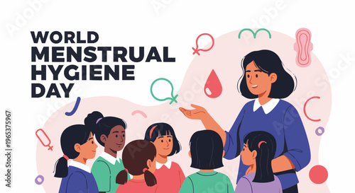 Diverse group of young girls learning about menstrual hygiene from teacher in colorful flat illustration for World Menstrual Hygiene Day in vibrant informative style