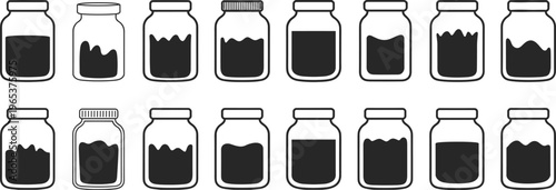 Set of Vector Line Art Icons Featuring Various Glass Mason Jars With Different Liquid Levels and Lids for Kitchen Storage