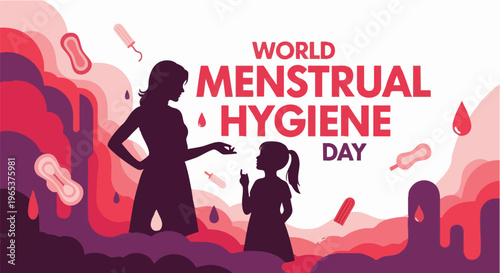 Mother and daughter discussing menstrual hygiene on World Menstrual Hygiene Day in flat colorful illustration for health awareness campaign