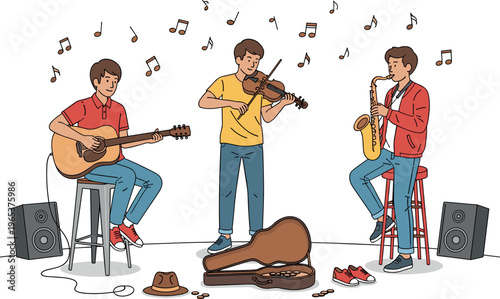 Street musicians band playing guitar violin and saxophone with instruments and speakers live music performance vector illustration scene