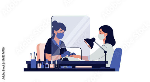 Manicurist applying gel polish to client's nails, safety screen, salon hygiene