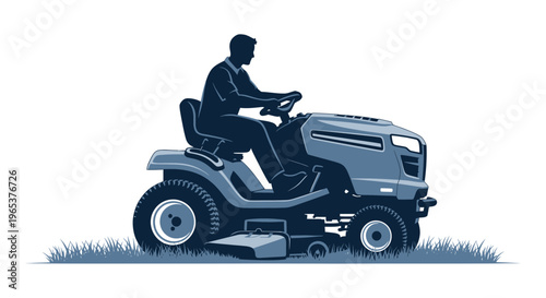 Man driving a riding lawn mower on grass, suburban chore