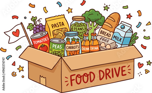 Food Drive Cardboard Box Cartoon Illustration — Colorful Grocery Donation with Vegetables, Canned Food, Pasta, Milk and Confetti Vector