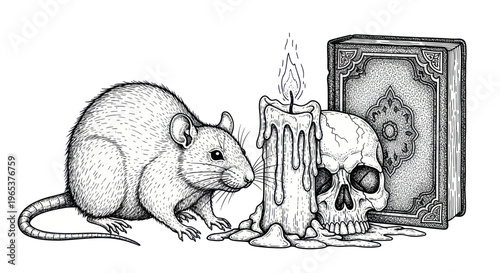 Rat, Skull, and Candlelight: Mystical Ink Drawing