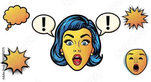 Pop Art Woman Surprise Expression, Exclamation Speech Bubbles, Retro Comic Style