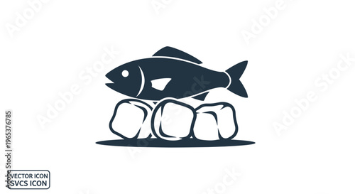 Simple Silhouette Icon of a Fish Resting on Ice Cubes, Fresh Seafood Concept