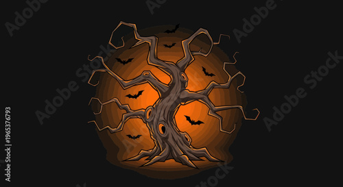 Spooky Halloween Tree with Bats and Orange Glow Background