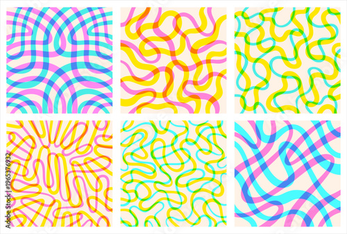 Modern abstract square backgrounds set. Layered riso print effect. Twisted hand drawn lines fluid curved wiggling stripes waves. Chaotic colorful patterns collection. Doodle uneven wavy organic line.