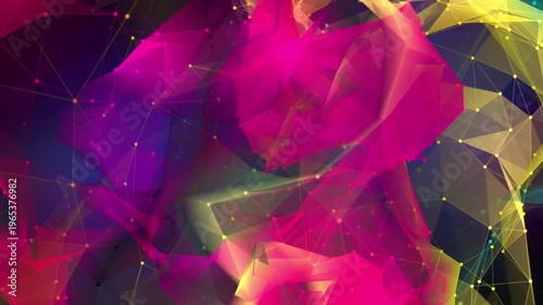 Abstract geometric 3d animated background of neon colors and connected dots.
