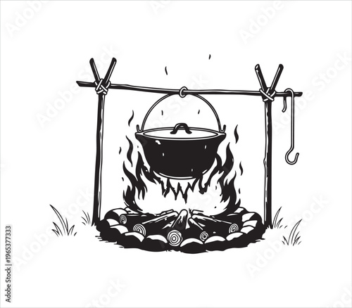 Campfire cooking with black cast iron pot hanging over flames