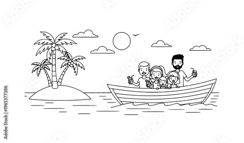 Happy family boating near tropical island with coconut trees and drinks black and white flat vector travel scene