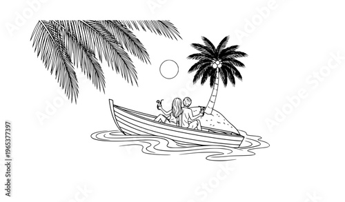 Romantic couple boating with drinks under coconut tree at sunset black and white line art vector