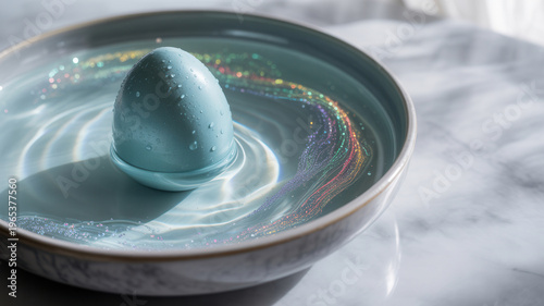Blue egg-shaped object with water droplets in shallow dish on marble surface with reflections