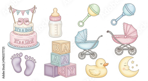 Baby shower cake icons with soft pastel theme
