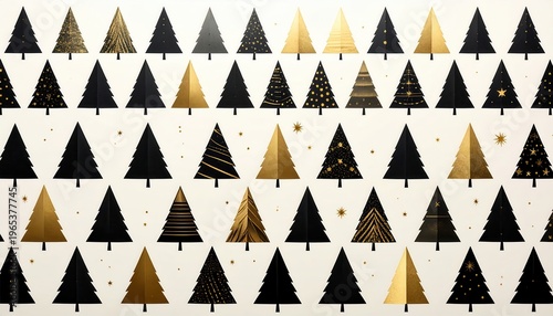 Un motif élégant composé de sapins de Noël géométriques noirs et dorés disposés en rangées sur un fond clair pour des designs de fêtes modernes.