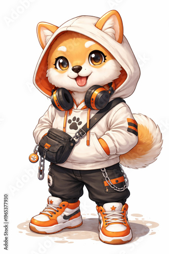 stylish shiba inu in streetwear, shiba inu streetwear fashion, cool dog outfit illustration, urban dog style, hip hop dog character, trendy shiba inu art, street style dog design, fashionable dog illu