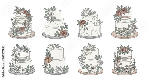 Floral decorated cake icon set, elegant botanical style