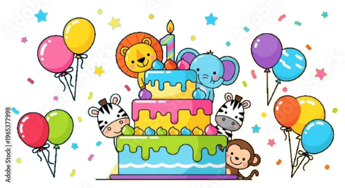 Kids birthday cake with cartoon animals and balloons, colorful playful vector set