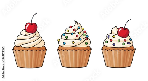 Cupcake icon set with different toppings (cherry, cream, sprinkles), flat style