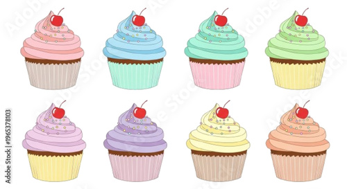 Cupcake set with pastel frosting swirls, sprinkles, and cherries, minimal flat vector, white background
