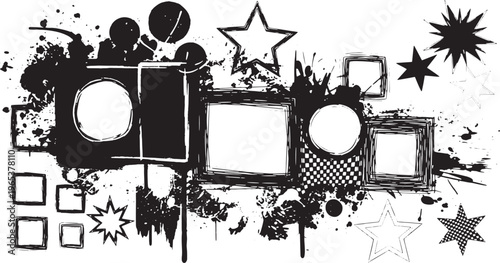 vintage travel scrapbook with hand-drawn postcards, camera, and holiday souvenirs in monochrome sketch style