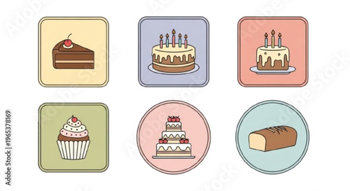 Packaging icons with cake illustrations, clean vector